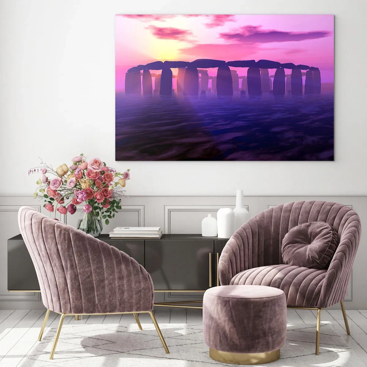 Quadro su vetro - Stonehenge alla luce di un tramonto rosa - 100x70cm - Mistero in un'alba nebbiosa - Decorazione murale moderna per soggiorno e camera da letto ARTTOR