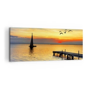 Quadro su tela - Stampe su Tela - Tramonto con barca a vela e molo su un lago calmo - 120x50cm - Il ritorno alla sera - Decorazione murale moderna per soggiorno e camera da letto ARTTOR