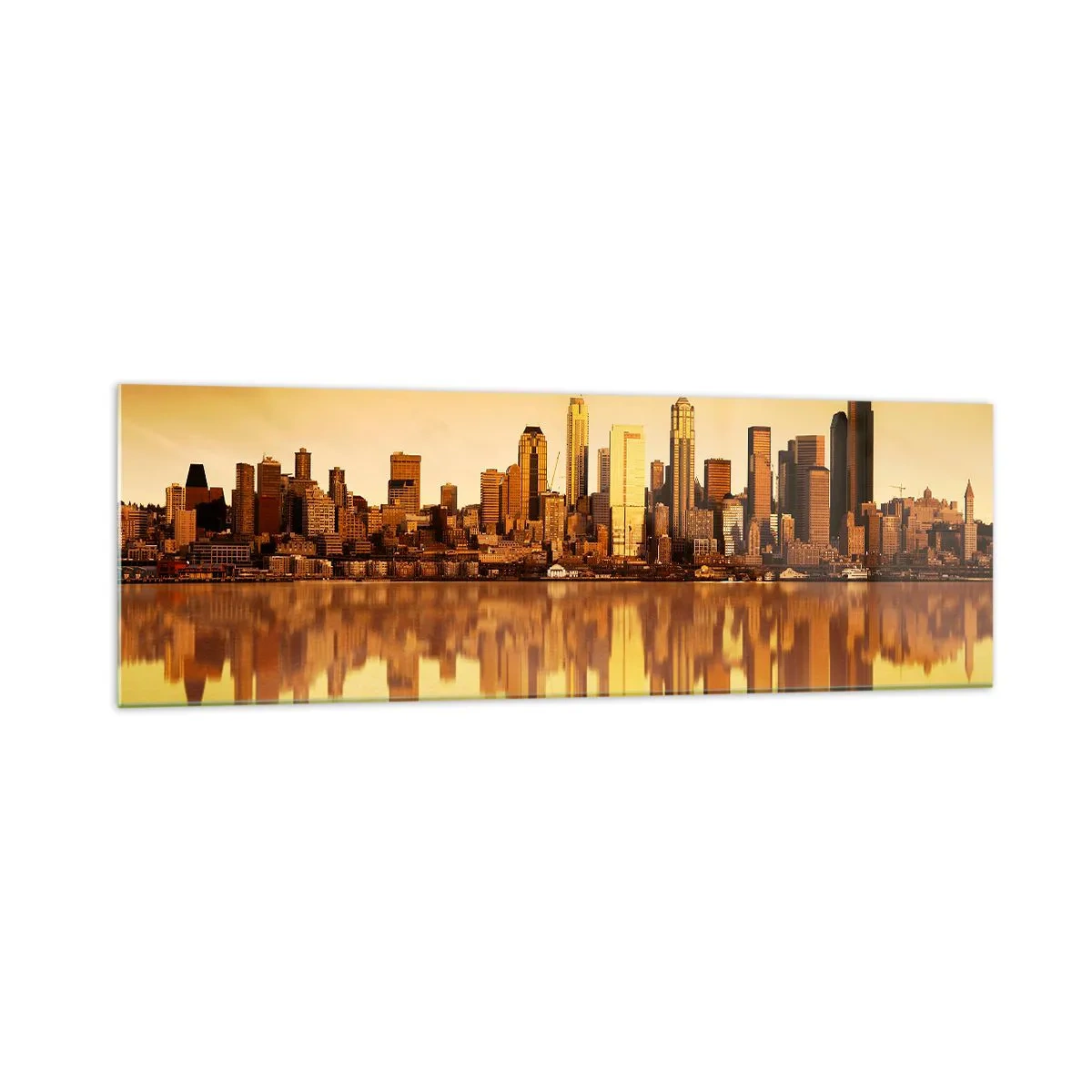 Quadro su vetro - Panorama della città riflesso nell'acqua al tramonto - 160x50cm - Silenzio della metropoli - Decorazione murale moderna per soggiorno e camera da letto ARTTOR