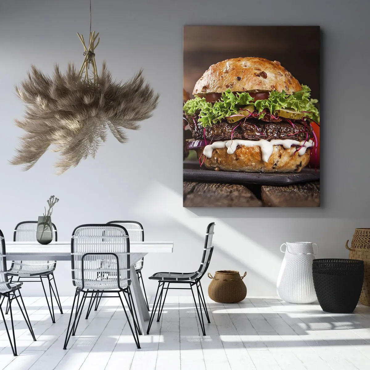 Quadro su tela - Stampe su Tela - Appetitosi hamburger con verdure e salsa - 80x120cm - American dream - Decorazione murale moderna per soggiorno e camera da letto ARTTOR