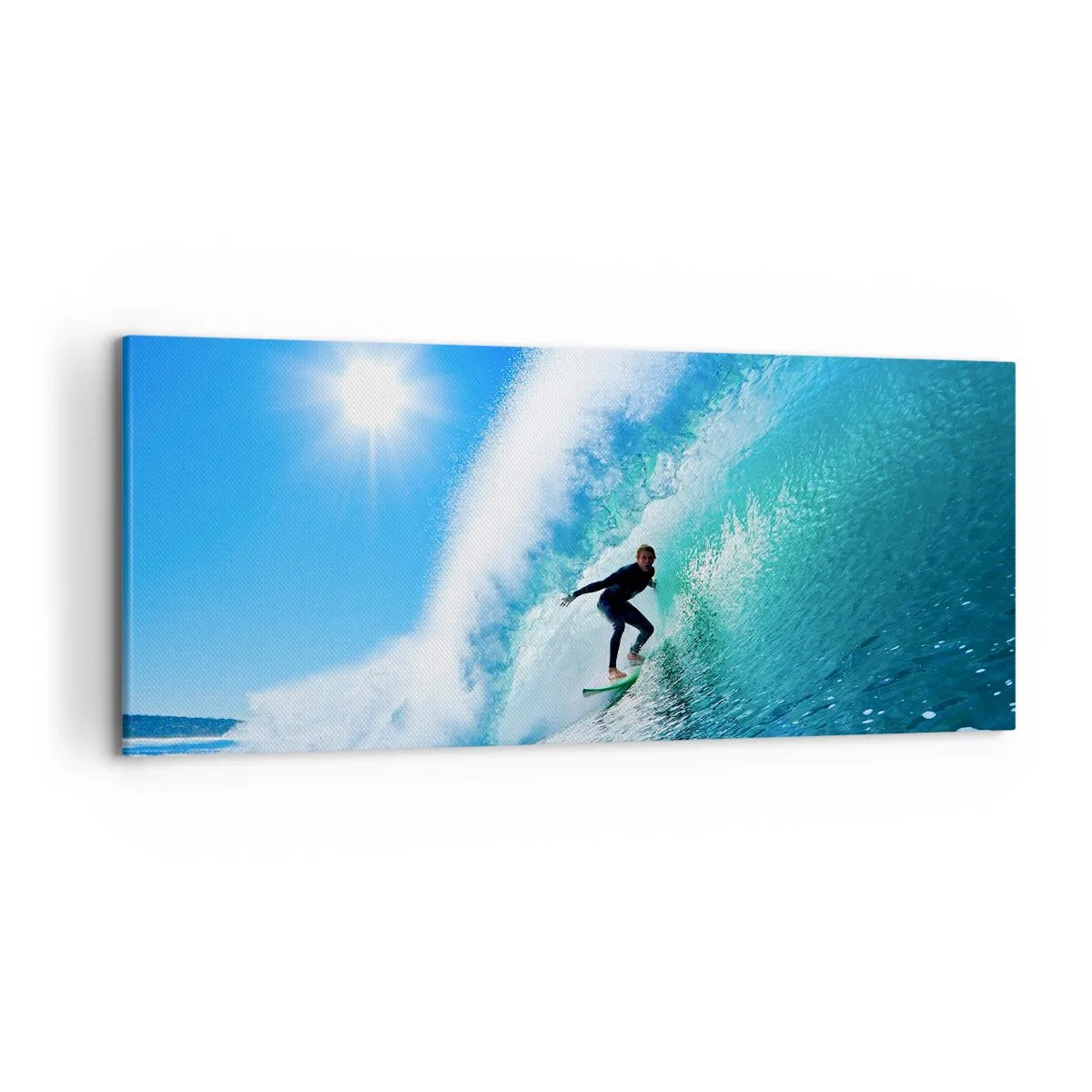 Quadro su tela - Stampe su Tela - Un surfista su una tavola cavalca un'onda potente sotto un cielo azzurro. - 120x50cm - Attraverso il grande blu - Decorazione murale moderna per soggiorno e camera da letto ARTTOR