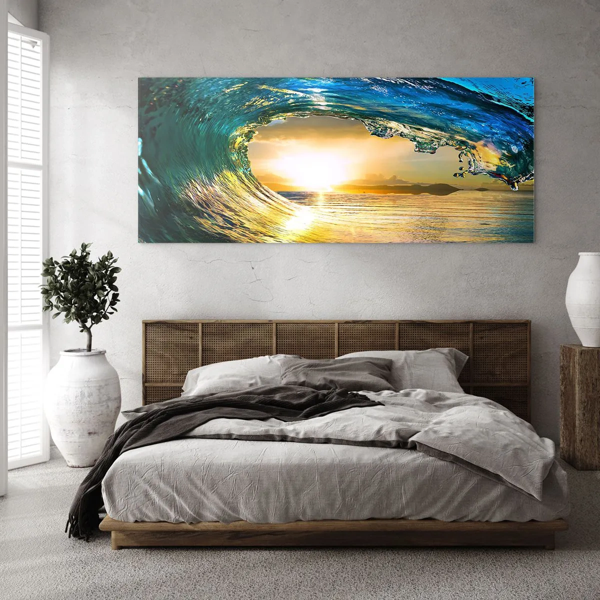 Quadro su vetro - Onda dell'oceano al sole con vista sull'orizzonte - 140x50cm - Nel cristallo oro e smeraldo - Decorazione murale moderna per soggiorno e camera da letto ARTTOR