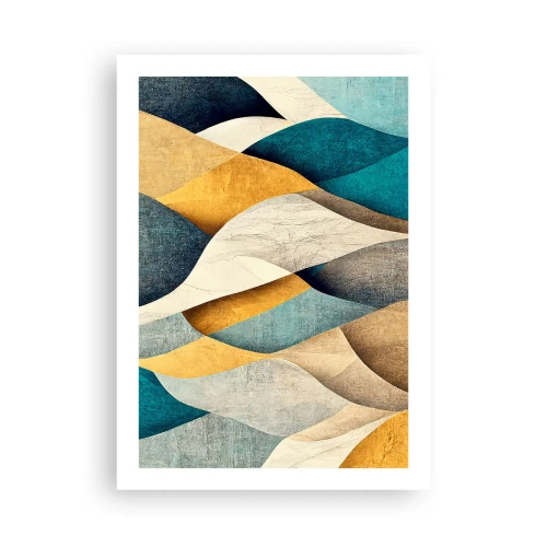 Poster - Una composizione astratta di forme ondulate nei colori oro e blu. - 50x70cm - Ritmo e ondulazioni - Decorazione murale moderna per soggiorno e camera da letto ARTTOR