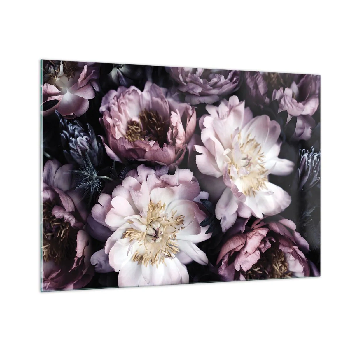 Quadro su vetro - Un romantico bouquet di peonie in tenui toni viola e rosa - 100x70cm - Bouquet nel vecchio stile - Decorazione murale moderna per soggiorno e camera da letto ARTTOR