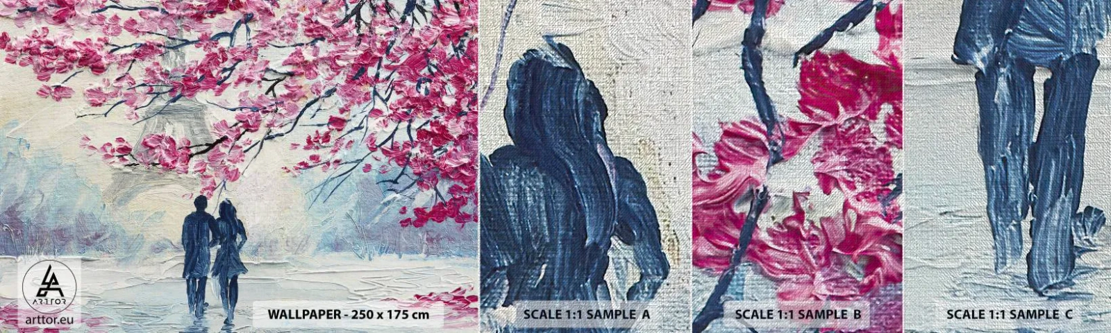 Campione di Fotomurale Premium Canvas - Passeggiata romantica - Parigi, Torre Eiffel, Coppia innamorata - 100x30 cm