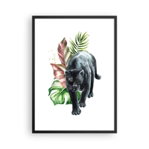 Poster in cornice nera - Pantera nera su uno sfondo di foglie tropicali - 50x70cm - Cuore selvaggio - Decorazione murale moderna per soggiorno e camera da letto ARTTOR