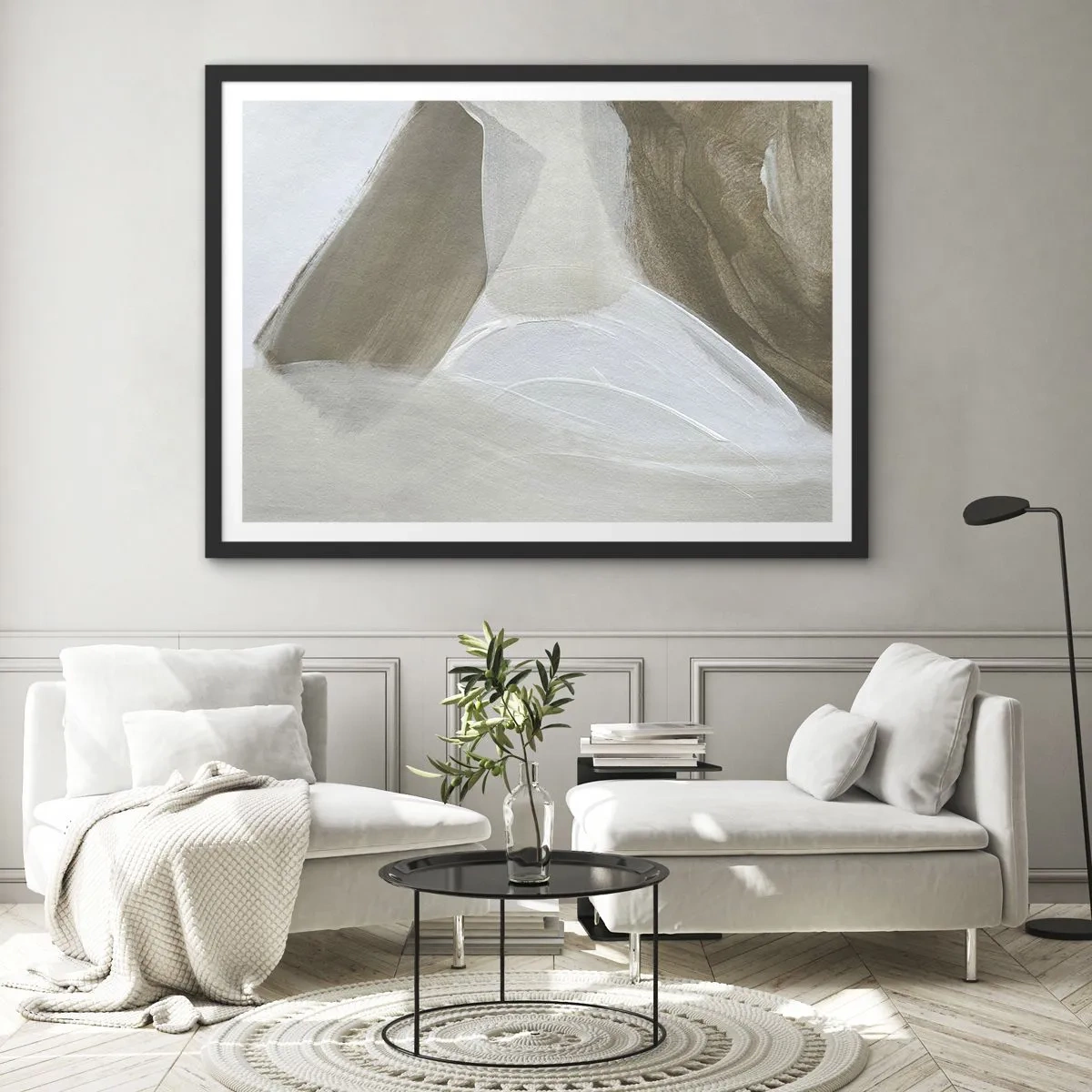Poster in cornice nera - Delicata astrazione nei toni del beige e del bianco - 100x70cm - Onda di bianco - Decorazione murale moderna per soggiorno e camera da letto ARTTOR