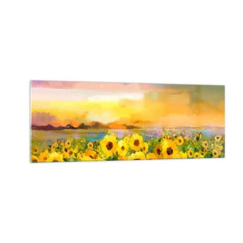 Quadro su vetro - Un campo di girasoli alla luce del sole al tramonto - 140x50cm - Il sole è sceso sulla terra - Decorazione murale moderna per soggiorno e camera da letto ARTTOR