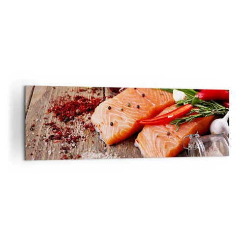 Quadro su tela - Stampe su Tela - Filetti di salmone con spezie su fondo di legno - 160x50cm - Avventura norvegese in cucina - Decorazione murale moderna per soggiorno e camera da letto ARTTOR