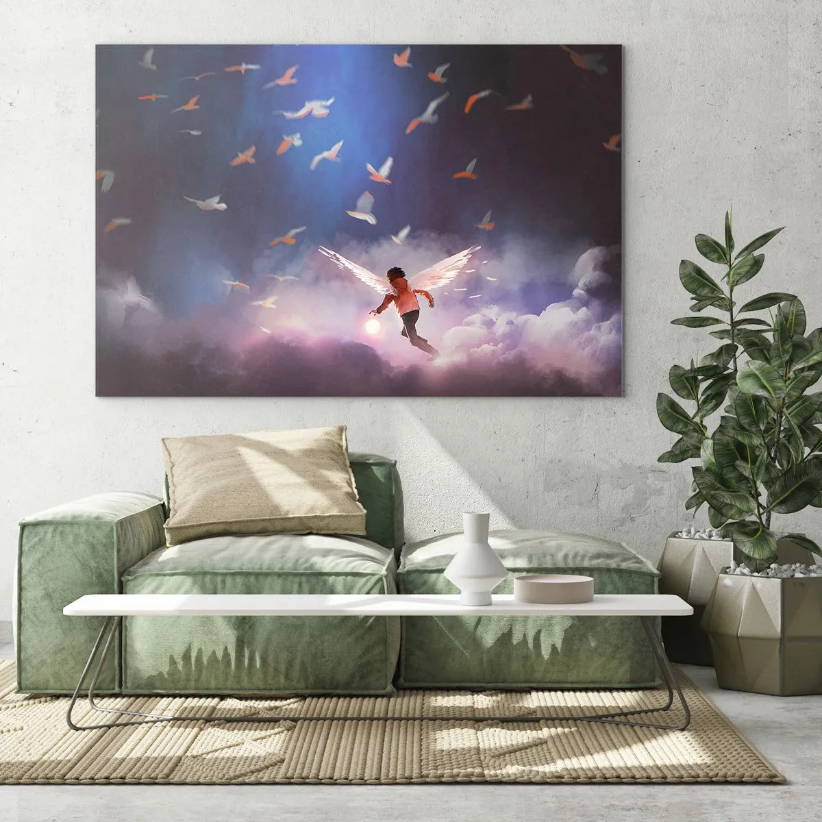 Quadro su vetro - Una figura con ali d'angelo che fluttua tra le nuvole - 100x70cm - Bisogna avere fantasia e coraggio - Decorazione murale moderna per soggiorno e camera da letto ARTTOR