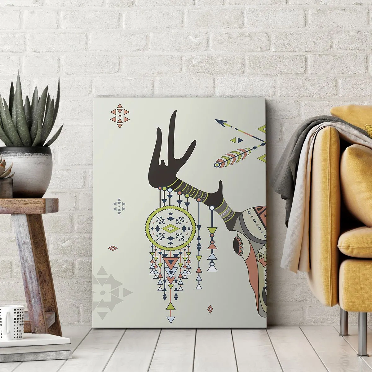 Quadro su tela - Stampe su Tela - Decorazione boho con teschio di cervo e acchiappasogni - 50x70cm - Il trofeo del cacciatore indiano - Decorazione murale moderna per soggiorno e camera da letto ARTTOR