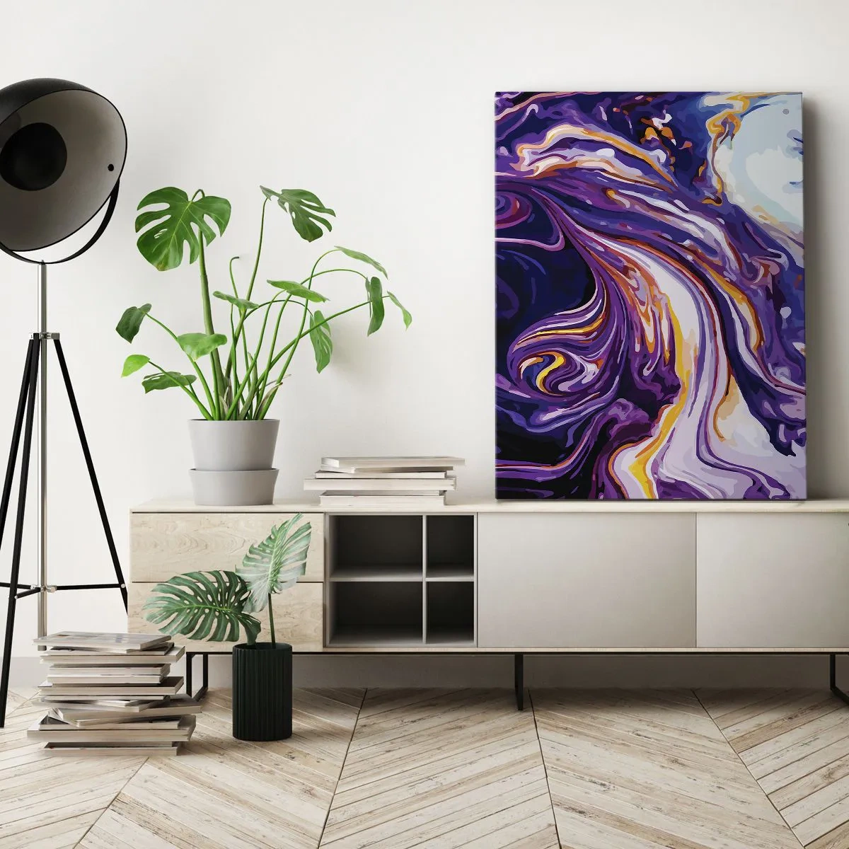 Quadro su tela - Stampe su Tela - Un motivo astratto dinamico nelle tonalità del viola e del giallo. - 70x100cm - Curvatura dello spazio in viola - Decorazione murale moderna per soggiorno e camera da letto ARTTOR