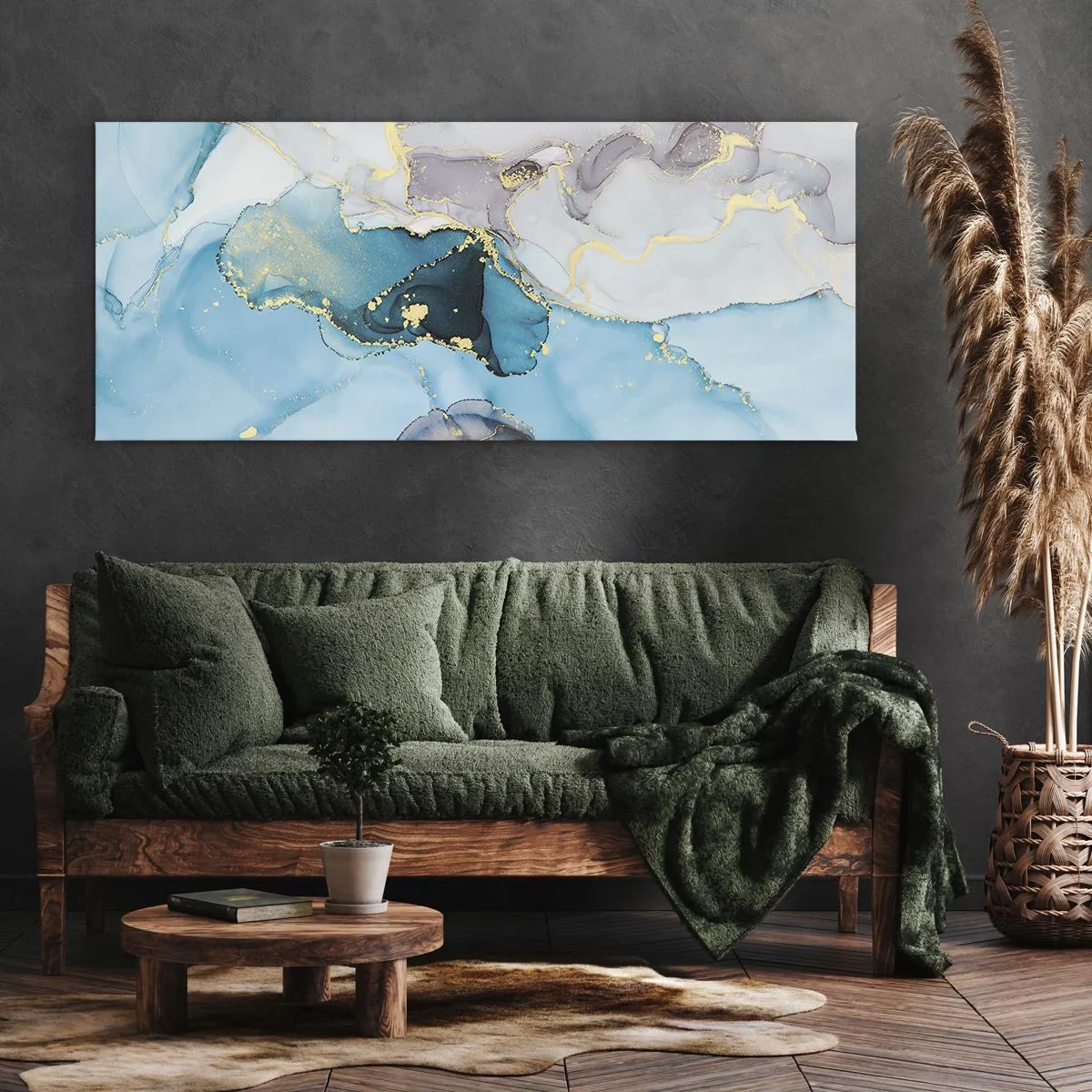 Quadro su tela - Stampe su Tela - Astrazione nei toni del blu e dell'oro con linee sottili - 140x50cm - Studio di incontro tra grigio e turchese - Decorazione murale moderna per soggiorno e camera da letto ARTTOR