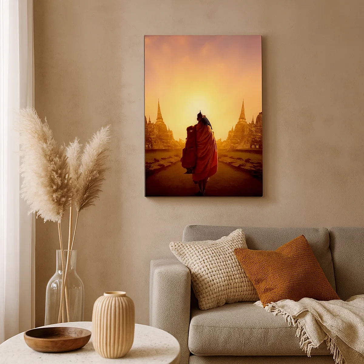 Quadro su tela - Stampe su Tela - Un monaco tra i templi al tramonto - 50x70cm - In pace per l'eternità - Decorazione murale moderna per soggiorno e camera da letto ARTTOR