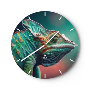 Orologio da parete - Orologio in Vetro - Primo piano di un camaleonte colorato su uno sfondo verde e rosa. - 30x30cm - Mi vedi? Non va bene... - Decorazione murale moderna per soggiorno, cucina e camera da letto ARTTOR