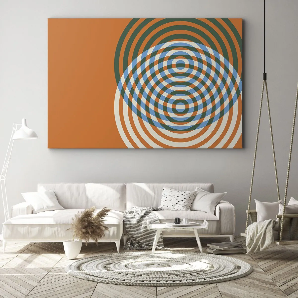 Quadro su tela - Stampe su Tela - Cerchi concentrici su sfondo arancione - 70x50cm - Composizione astratta a cerchi - Decorazione murale moderna per soggiorno e camera da letto ARTTOR