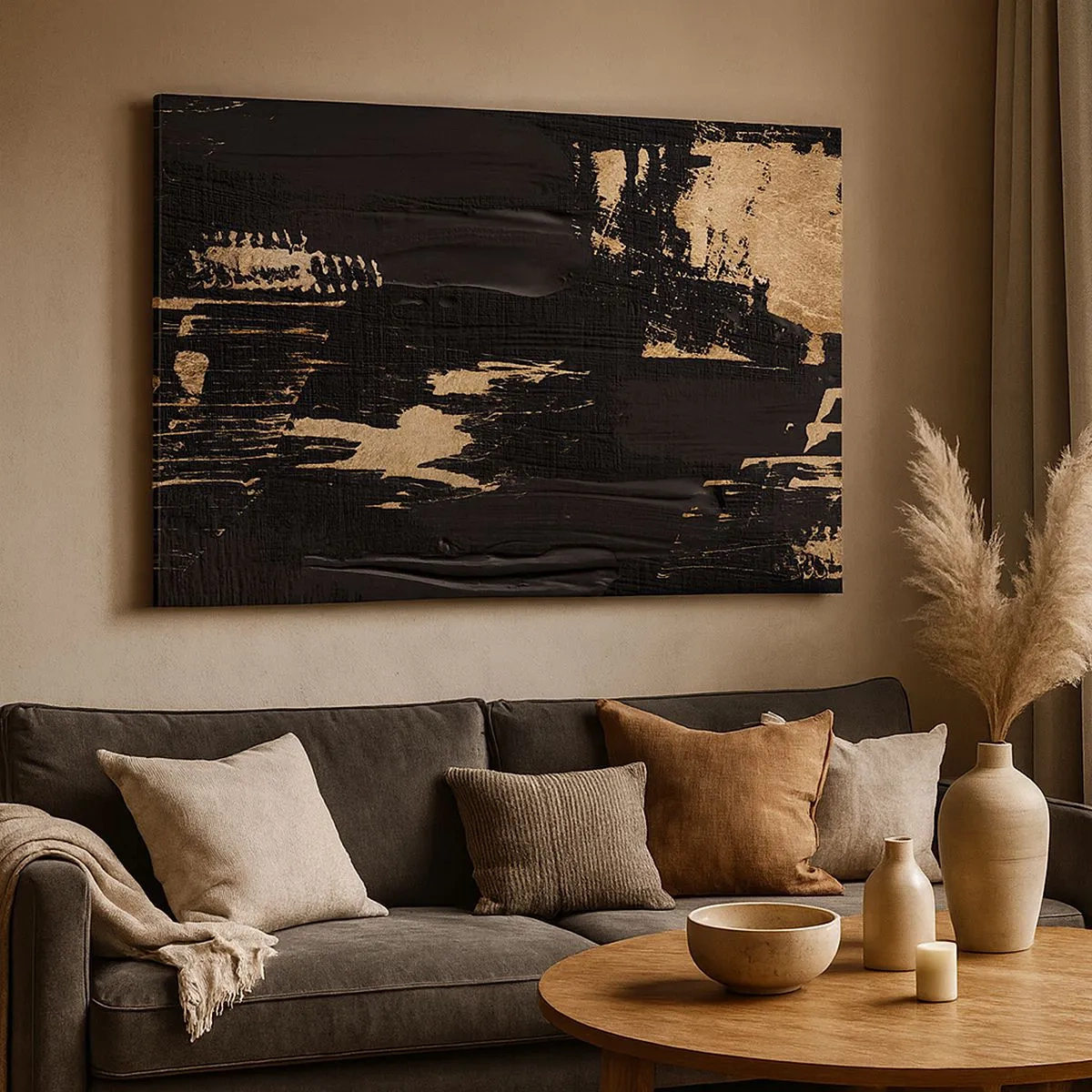 Quadro su tela - Stampe su Tela - Composizione astratta nei toni del nero e dell'oro - 70x50cm - Tracce del contatto - Decorazione murale moderna per soggiorno e camera da letto ARTTOR