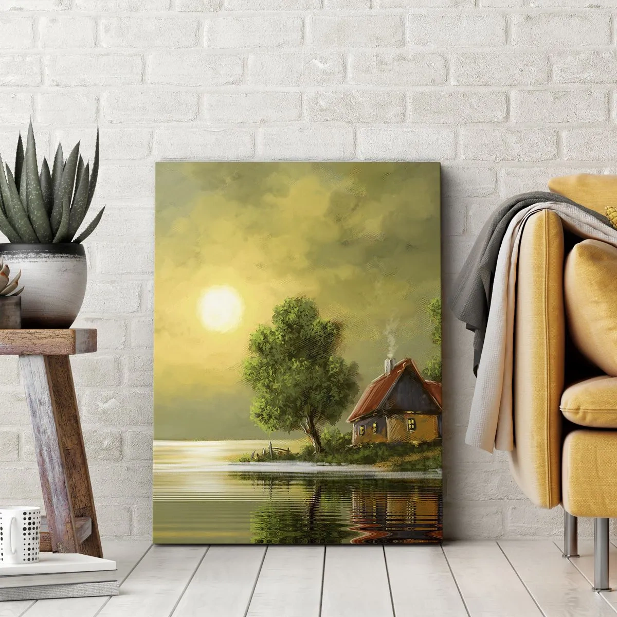 Quadro su tela - Stampe su Tela - Casa sul lago alla luce del tramonto - 50x70cm - Bello come un quadro - Decorazione murale moderna per soggiorno e camera da letto ARTTOR