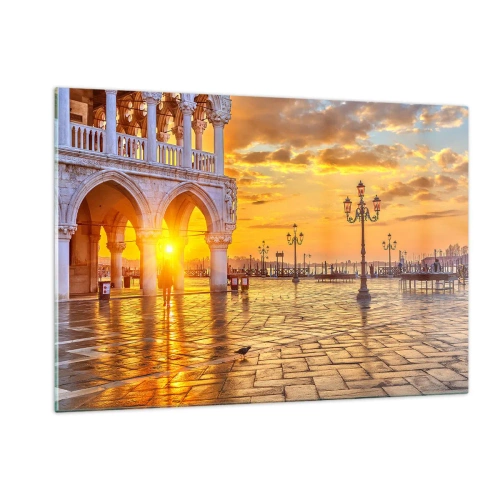 Quadro su vetro - Alba sui portici e sulla piazza - 120x80cm - Dove sono tutti? - Decorazione murale moderna per soggiorno e camera da letto ARTTOR