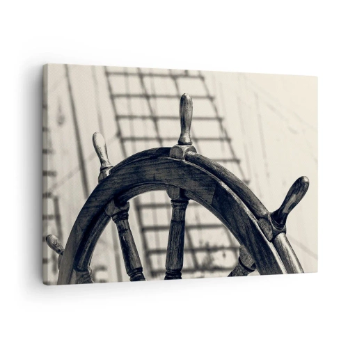 Quadro su tela - Stampe su Tela - Un timone a vela in stile retrò con una nave sullo sfondo - 70x50cm - Racconti del mare - Decorazione murale moderna per soggiorno e camera da letto ARTTOR