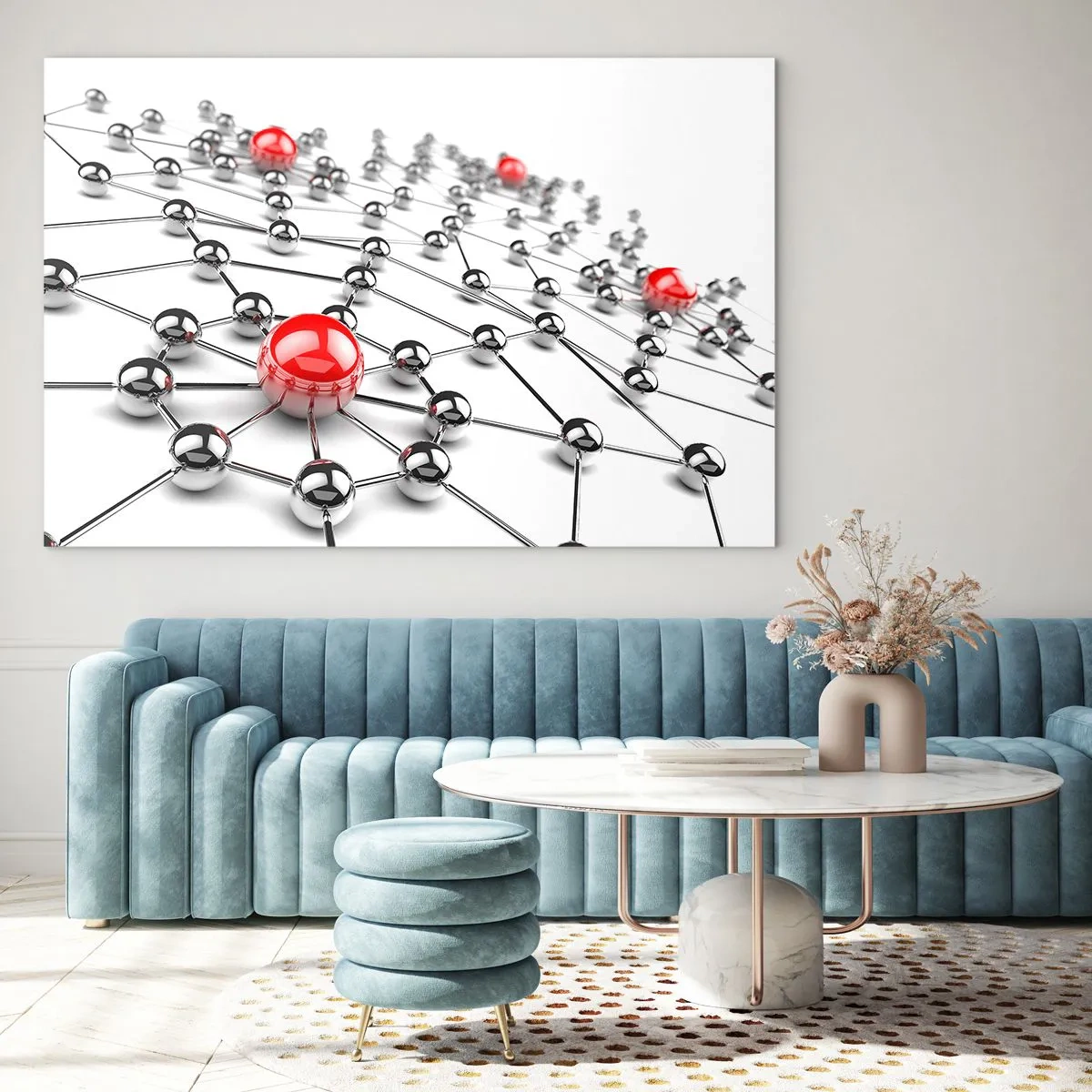Quadro su vetro - Rete molecolare argentata con accenti rossi - 70x50cm - Rete argentea - Decorazione murale moderna per soggiorno e camera da letto ARTTOR