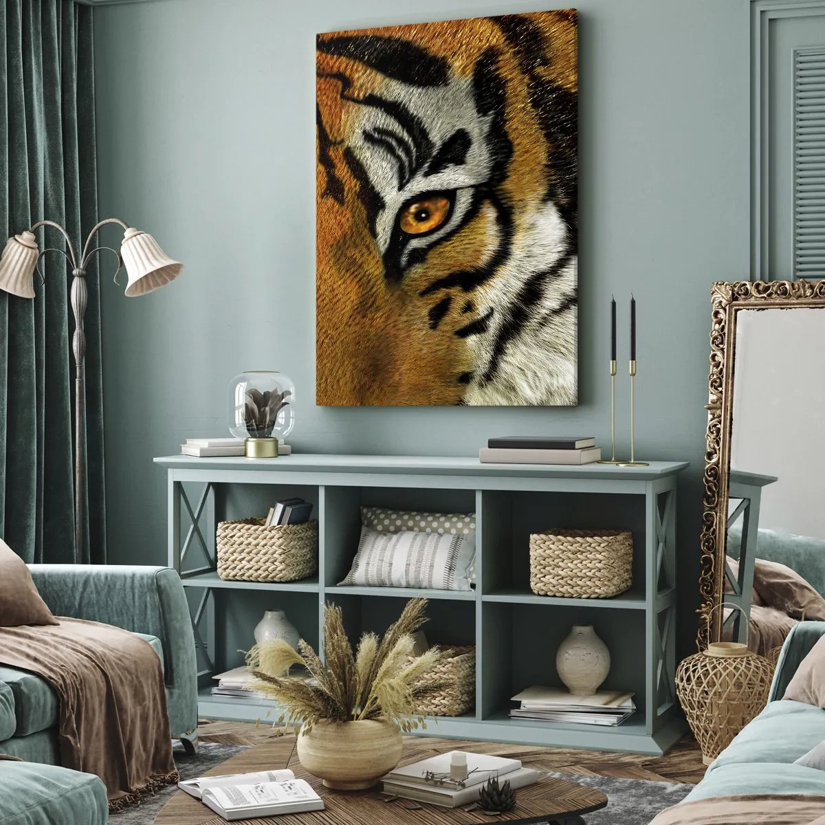 Quadro su tela - Stampe su Tela - Ritratto ravvicinato di una tigre dallo sguardo intenso - 50x70cm - Minacciosa e bella - Decorazione murale moderna per soggiorno e camera da letto ARTTOR