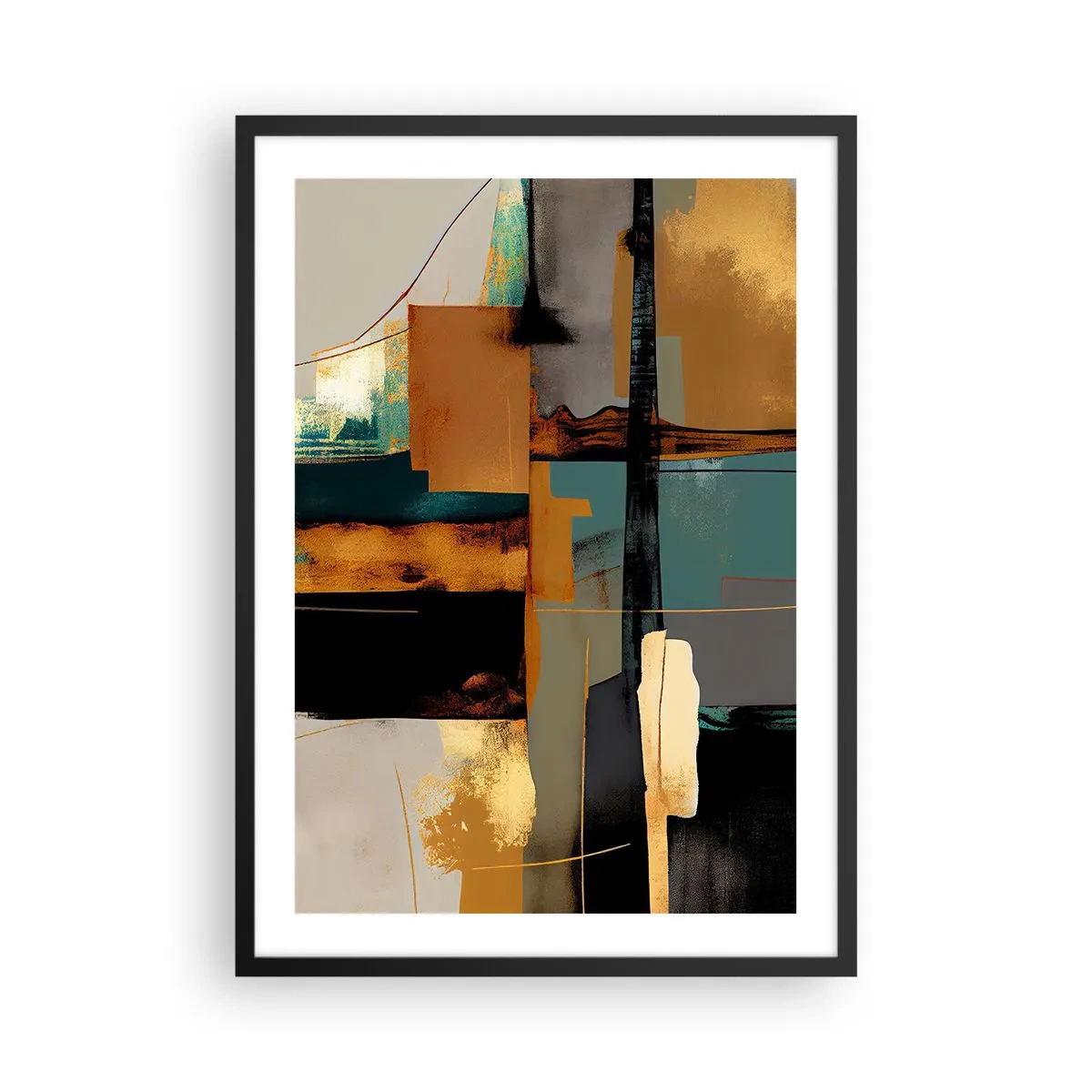 Poster in cornice nera - Una composizione astratta nei toni dell'oro e del turchese - 50x70cm - Astrazione: luci e ombre - Decorazione murale moderna per soggiorno e camera da letto ARTTOR
