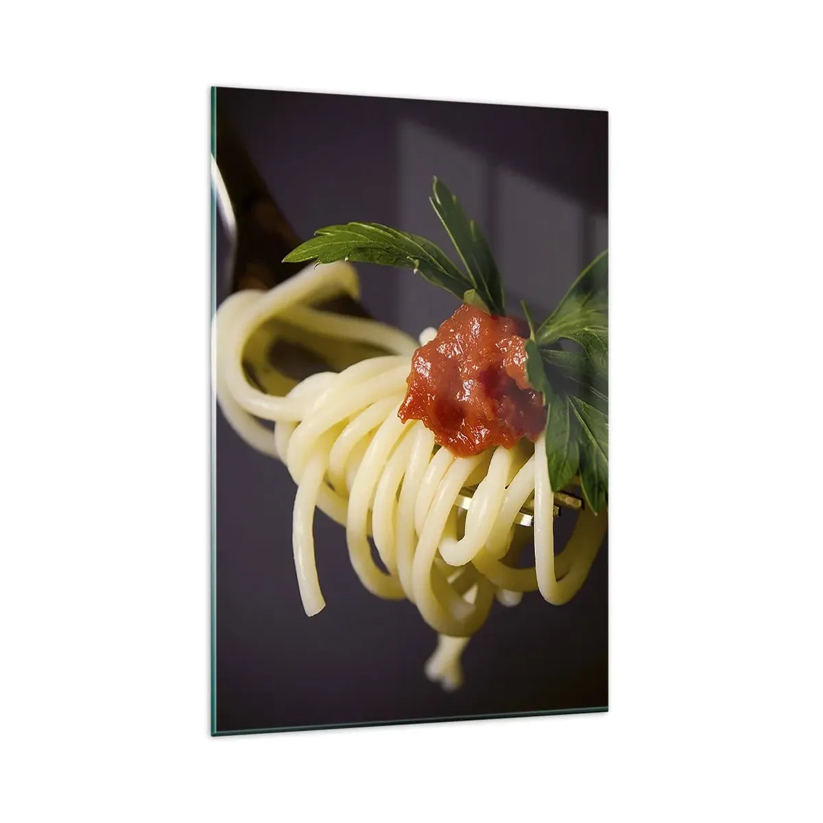Quadro su vetro - Spaghetti alla forchetta con salsa di pomodoro e prezzemolo - 80x120cm - Un boccone delizioso - Decorazione murale moderna per soggiorno e camera da letto ARTTOR