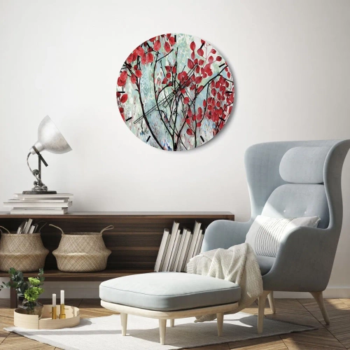 Orologio da parete - Orologio in Vetro - Rami con foglie rosse su uno sfondo dipinto - 30x30cm - Albero in scarlatto - Decorazione murale moderna per soggiorno, cucina e camera da letto ARTTOR