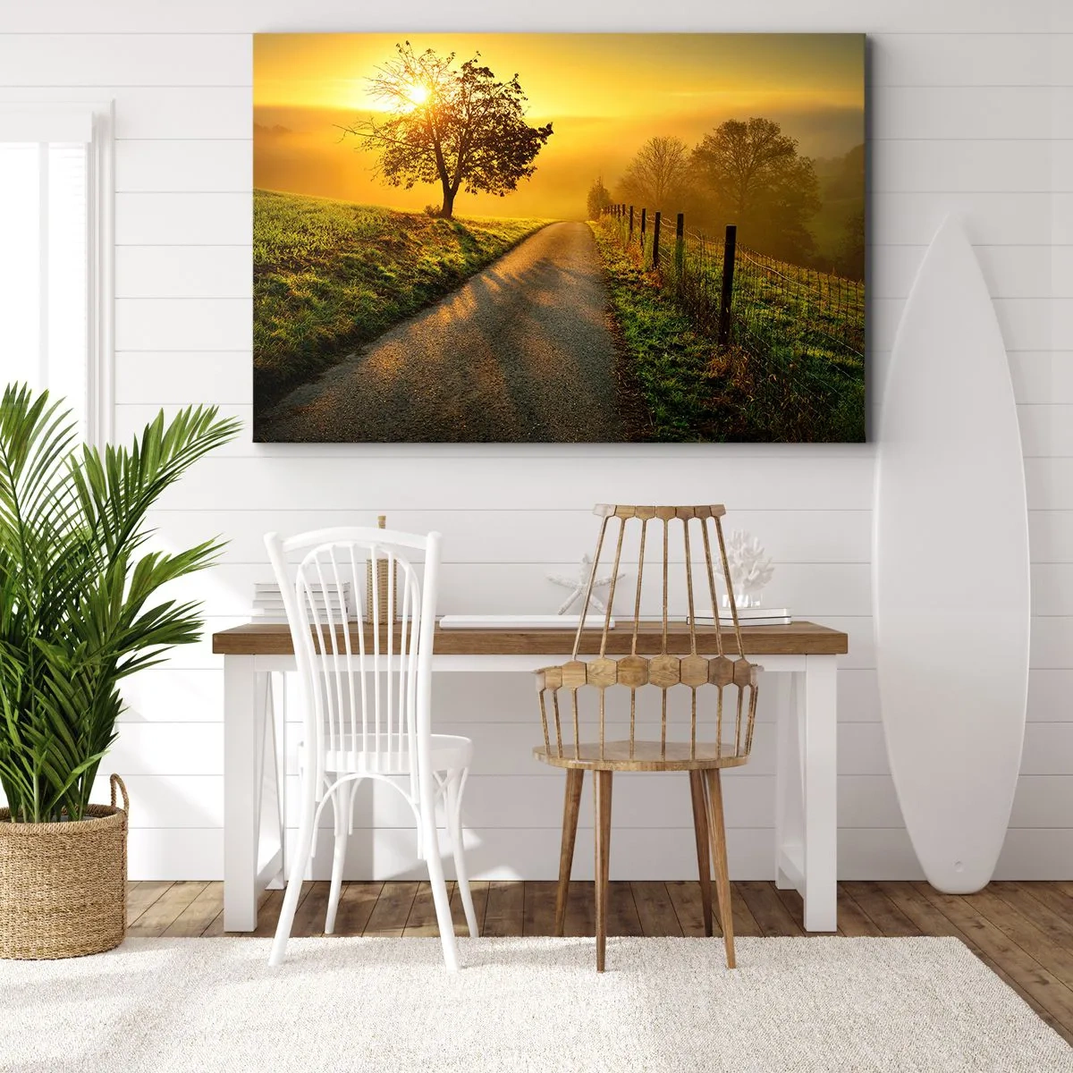 Quadro su tela - Stampe su Tela - Una strada pittoresca al tramonto con un albero solitario sullo sfondo - 70x50cm - Pomeriggio di miele - Decorazione murale moderna per soggiorno e camera da letto ARTTOR