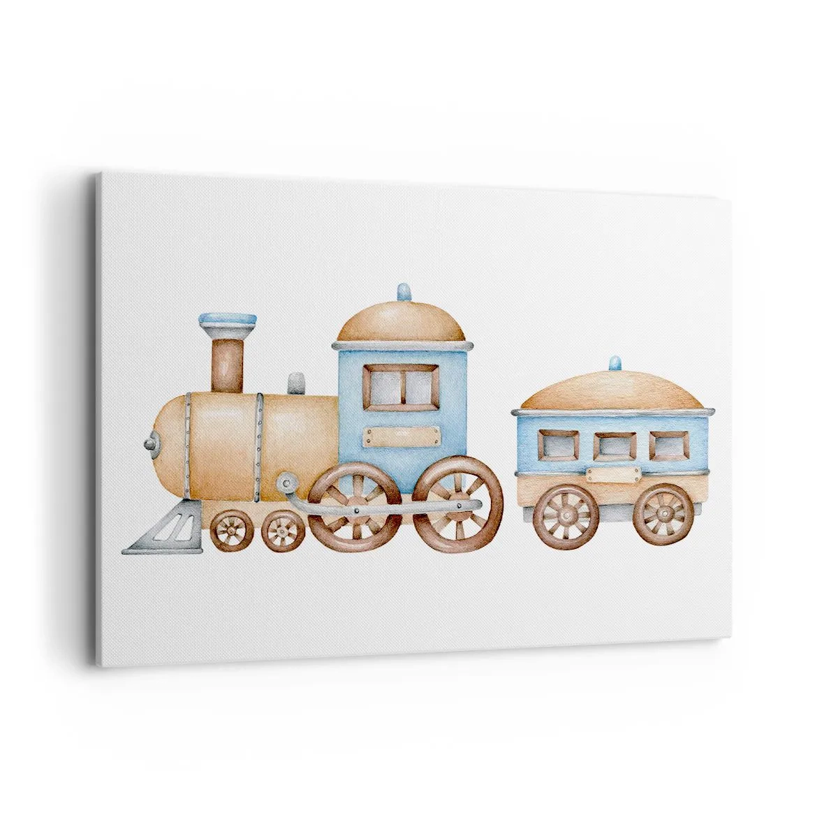 Quadro su tela - Stampe su Tela - Disegno di un treno in tonalità pastello su sfondo bianco - 100x70cm - Fermo alla stazione... - Decorazione murale moderna per soggiorno e camera da letto ARTTOR