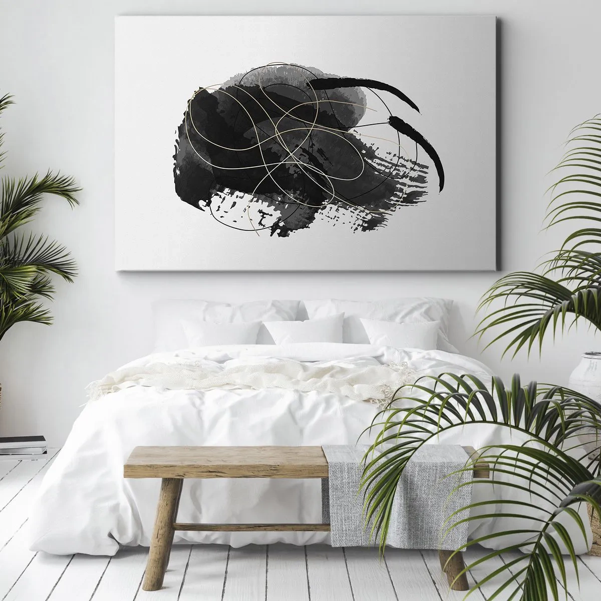 Quadro su tela - Stampe su Tela - Astrazione in nero e oro su sfondo bianco - 100x70cm - Nato dal nero - Decorazione murale moderna per soggiorno e camera da letto ARTTOR