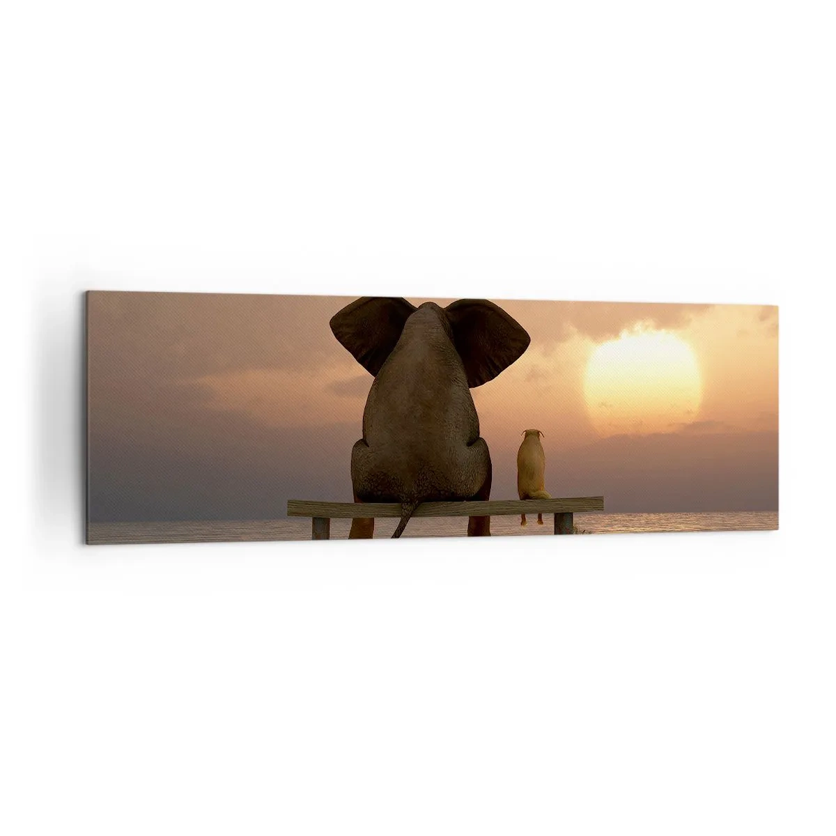 Quadro su tela - Stampe su Tela - Un elefante e un cane sono seduti su una panchina sulla spiaggia durante il tramonto. - 160x50cm - A volte bisogna tacere - Decorazione murale moderna per soggiorno e camera da letto ARTTOR