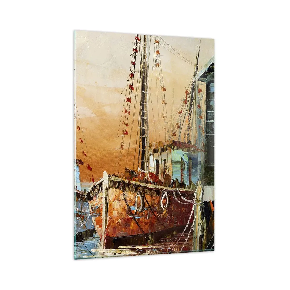Quadro su vetro - Barche sulla riva nella calda luce del tramonto - 80x120cm - Ritorno tranquillo - Decorazione murale moderna per soggiorno e camera da letto ARTTOR