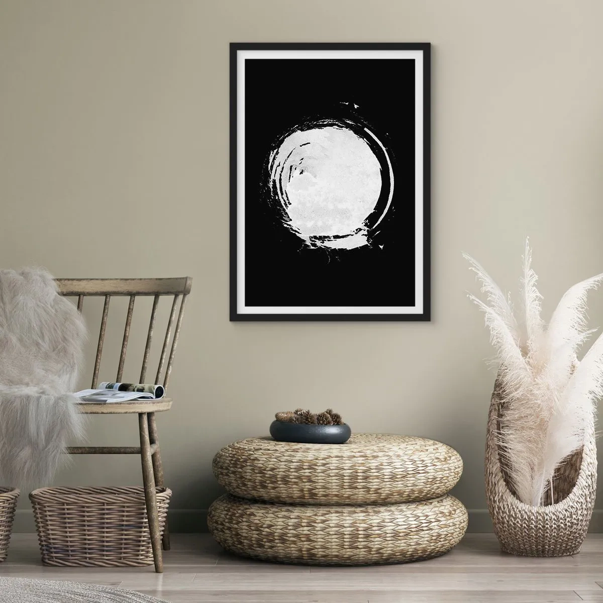 Poster in cornice nera - Forma circolare astratta bianca su sfondo nero - 50x70cm - Una buona soluzione - Decorazione murale moderna per soggiorno e camera da letto ARTTOR