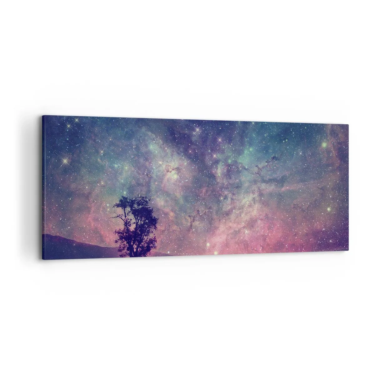 Quadro su tela - Stampe su Tela - Un albero contro un cielo stellato nei colori viola e blu - 120x50cm - Sotto un cielo magico - Decorazione murale moderna per soggiorno e camera da letto ARTTOR