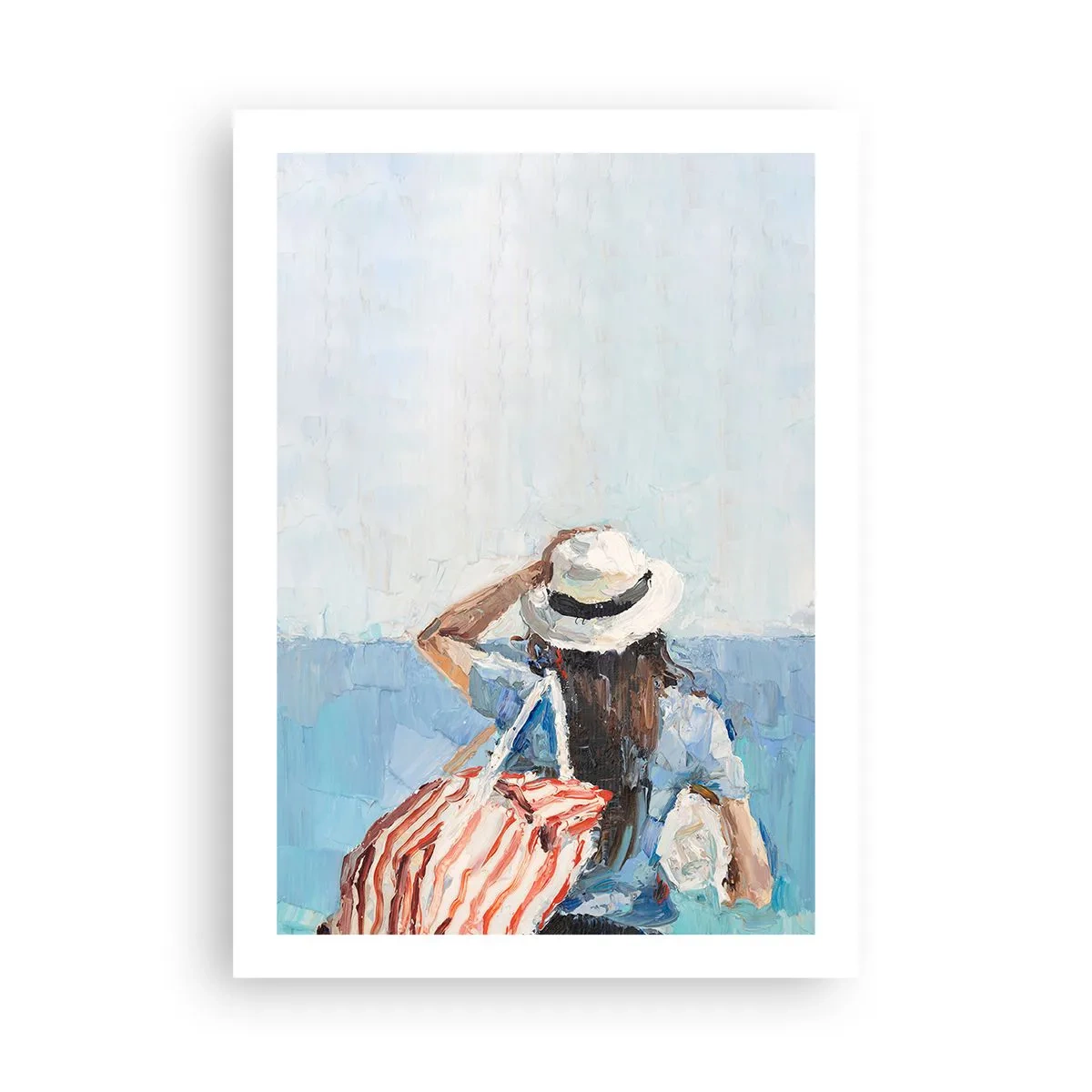 Poster - Una donna con un cappello che guarda il mare - 50x70cm - Benvenuti in vacanza - Decorazione murale moderna per soggiorno e camera da letto ARTTOR