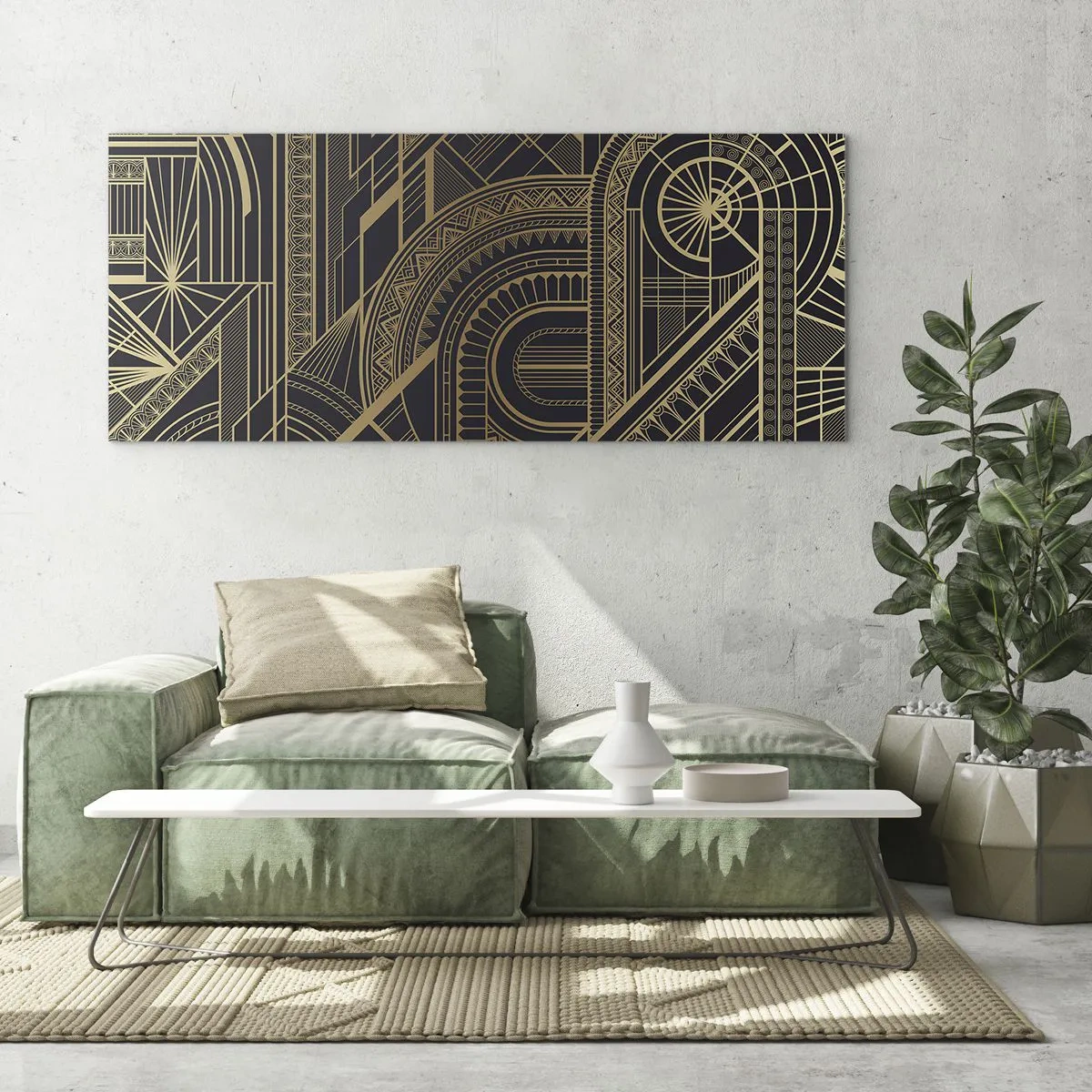 Quadro su vetro - Motivi geometrici dorati su sfondo nero in stile Art Déco - 140x50cm - Concetti, idee, progetti - Decorazione murale moderna per soggiorno e camera da letto ARTTOR
