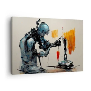Quadro su tela - Stampe su Tela - Robot al lavoro con sfondo astratto - 70x50cm - È già domani... - Decorazione murale moderna per soggiorno e camera da letto ARTTOR