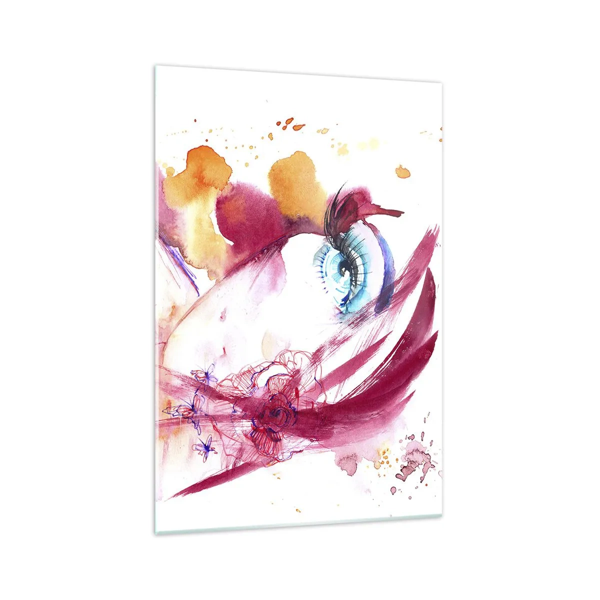 Quadro su vetro - Un volto astratto con occhi espressivi e accenti rossi. - 70x100cm - Insieme il mondo fiorisce - Decorazione murale moderna per soggiorno e camera da letto ARTTOR