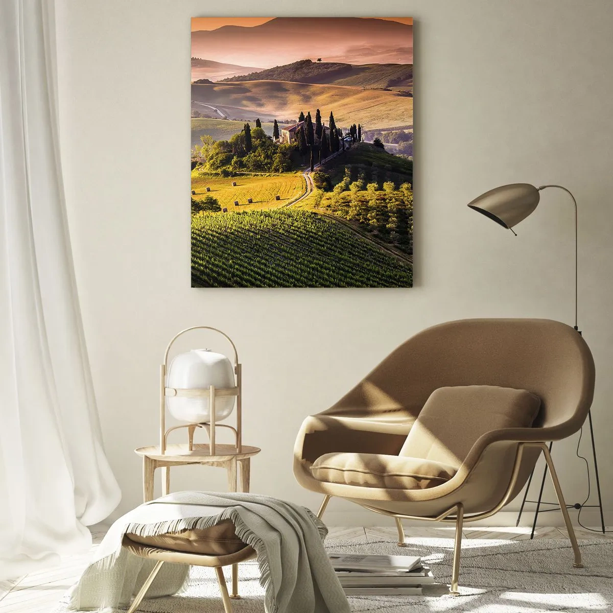 Quadro su vetro - Paesaggio toscano all'alba - 50x70cm - Arcadia: paesaggio toscano - Decorazione murale moderna per soggiorno e camera da letto ARTTOR