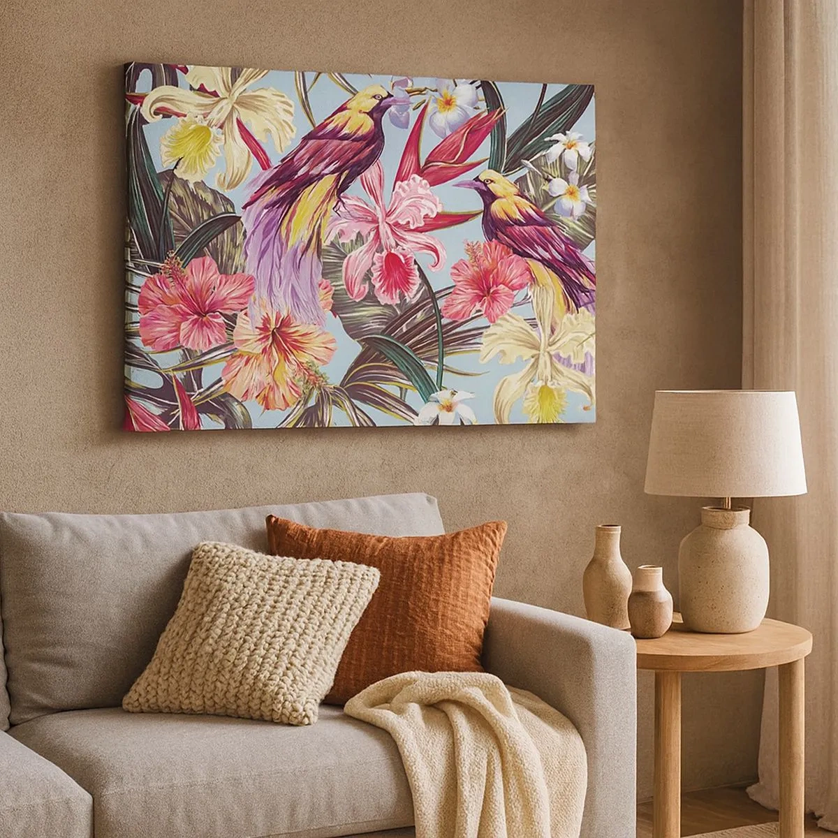 Quadro su tela - Stampe su Tela - Uccelli esotici tra i fiori tropicali - 70x50cm - Petali e piume - Decorazione murale moderna per soggiorno e camera da letto ARTTOR