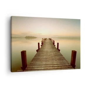 Quadro su tela - Stampe su Tela - Un molo di legno su un lago calmo al mattino - 70x50cm - Aurora, alba, luce - Decorazione murale moderna per soggiorno e camera da letto ARTTOR