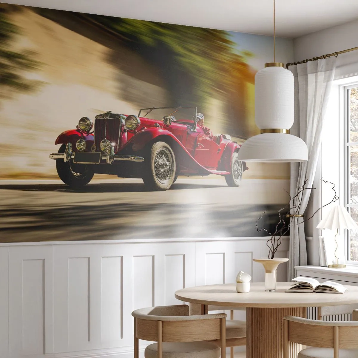 Fotomurali Premium Sand - Una decappottabile classica rossa in movimento dinamico - 100x70cm - Più bella della Nike di Samotracia - Decorazione murale moderna per soggiorno e camera da letto ARTTOR