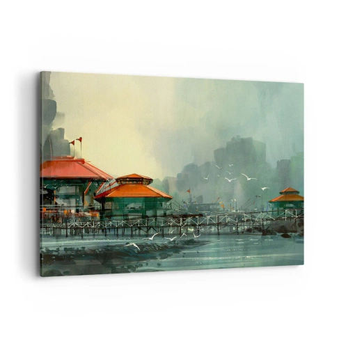 Quadro su tela - Stampe su Tela - Edifici portuali in uno scenario piovoso con gabbiani - 100x70cm - Giornata di pioggia al porto - Decorazione murale moderna per soggiorno e camera da letto ARTTOR