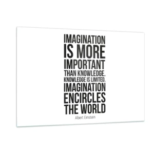Quadro su vetro - Una citazione sull'immaginazione nella tipografia minimalista - 120x80cm - Einstein sul potere dell'immaginazione - Decorazione murale moderna per soggiorno e camera da letto ARTTOR