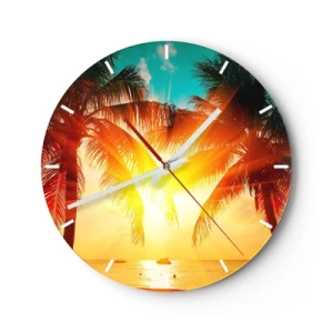 Orologio da parete - Orologio in Vetro - Tramonto dietro le palme su un mare tropicale - 30x30cm - Coppia esotica - Decorazione murale moderna per soggiorno, cucina e camera da letto ARTTOR
