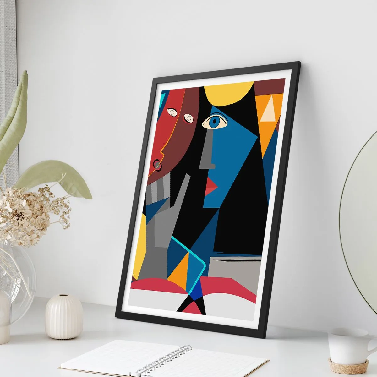 Poster in cornice nera - Astrazione cubista di un volto in colori vivaci - 50x70cm - Dialogo di cubisti - Decorazione murale moderna per soggiorno e camera da letto ARTTOR