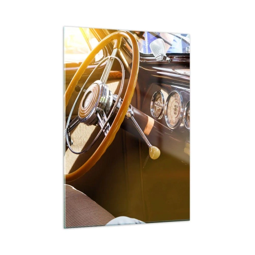 Quadro su vetro - Interno di un'auto d'epoca con volante in legno - 50x70cm - Un soffio di lusso dal passato - Decorazione murale moderna per soggiorno e camera da letto ARTTOR