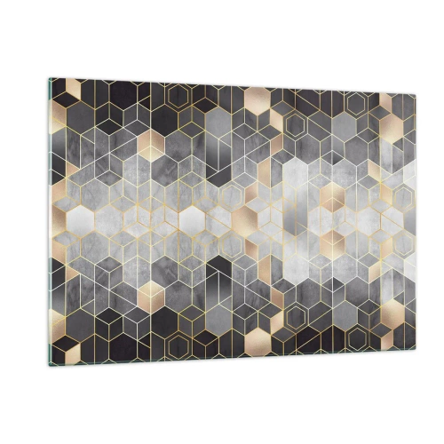 Quadro su vetro - Motivo geometrico di esagoni in linee dorate - 120x80cm - Composizione di diamante - Decorazione murale moderna per soggiorno e camera da letto ARTTOR